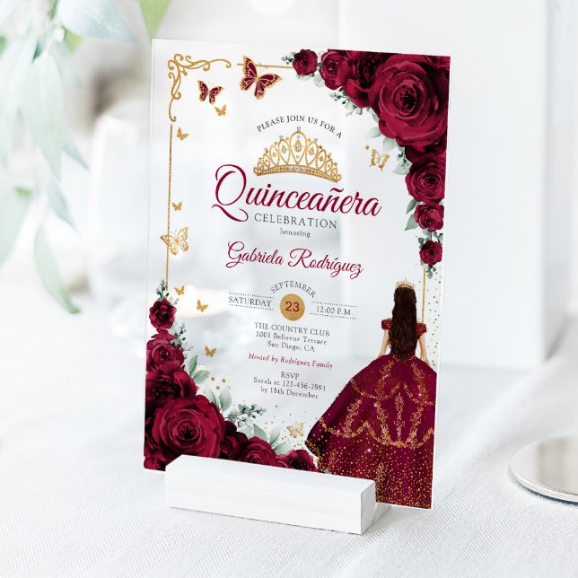 Elegant Chic Burgundy Roses Gold Quinceanera  Acryleinladungen (Von Creator hochgeladen)