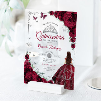 Elegant Chic Burgundy Roses Silver Quinceanera  Acryleinladungen