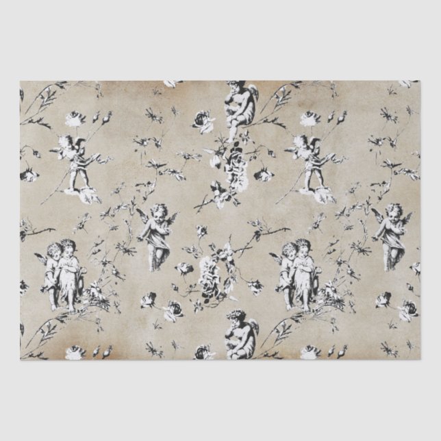 Elegant Chic Cupid Angels Floral Toile Kraft Seidenpapier (Vorderseite)