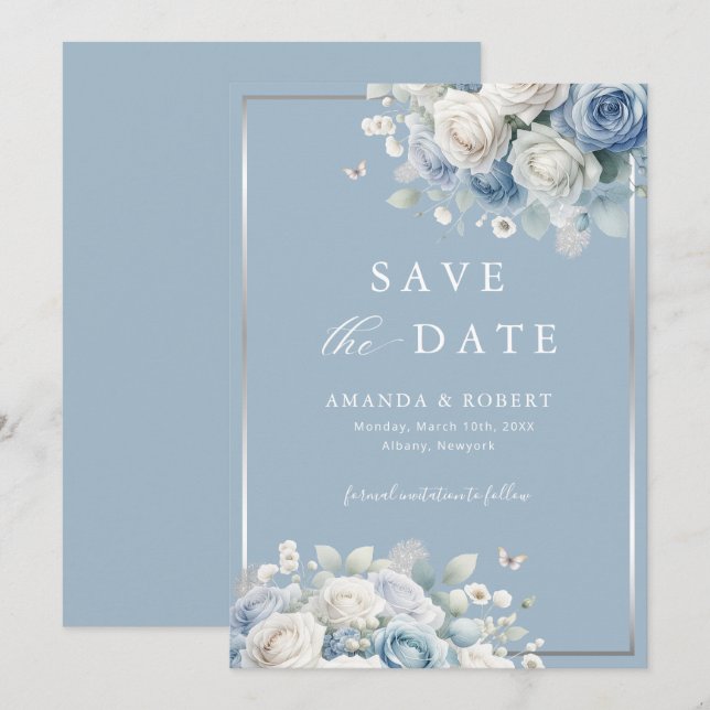 Elegant Chic Dusty Blue Boho Floral Save the Date (Vorne/Hinten)