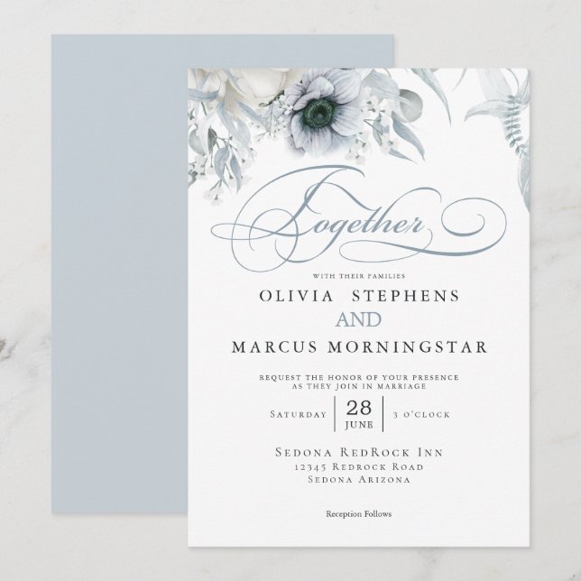 Elegant Chic Dusty Blue Floral Einladung (Vorne/Hinten)