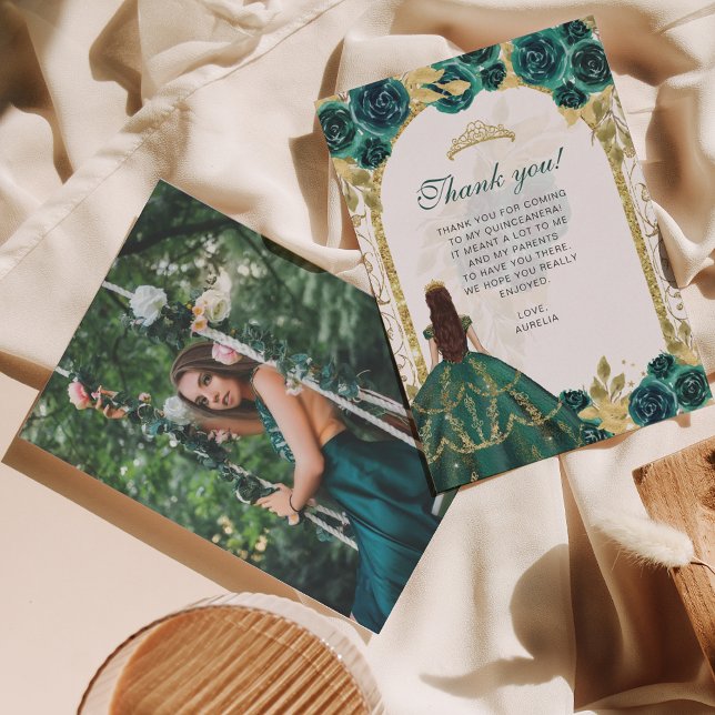 Elegant Chic Emerald Floral Foto Quinceañera Dankeskarte (Von Creator hochgeladen)