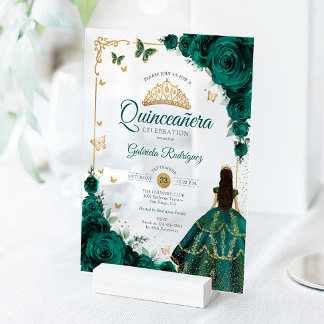 Elegant Chic Emerald Green Roses Gold Quinceanera  Acryleinladungen
