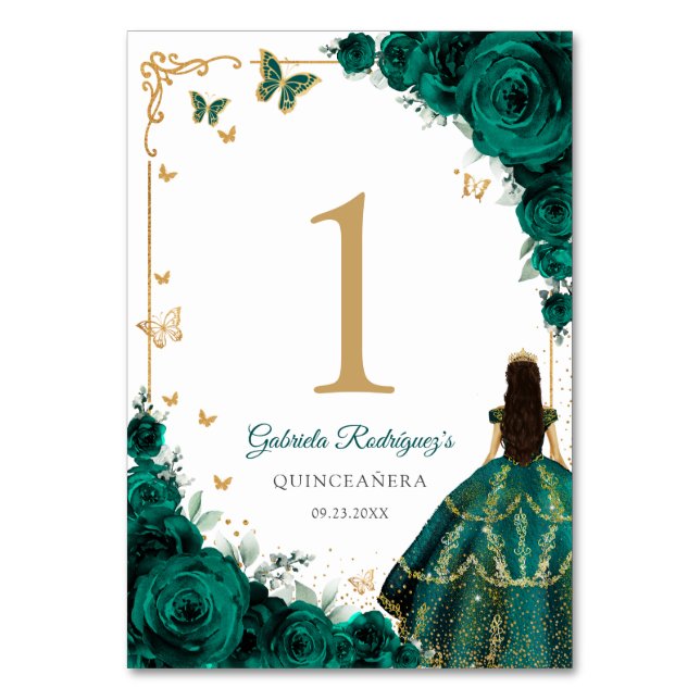Elegant Chic Emerald Green Roses Gold Quinceanera Tischnummer (Vorderseite)