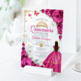 Elegant Chic Fuchsia Pink Roses Gold Quinceanera  Acryleinladungen