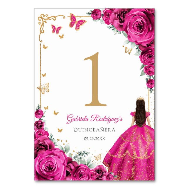 Elegant Chic Fuchsia Pink Roses Gold Quinceanera Tischnummer (Vorderseite)