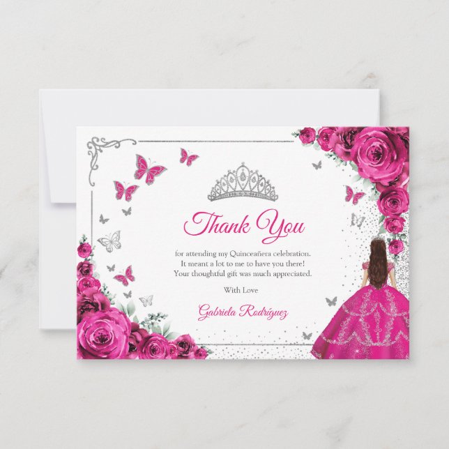 Elegant Chic Fuchsia Pink Roses Silver Quinceanera Dankeskarte (Vorderseite)