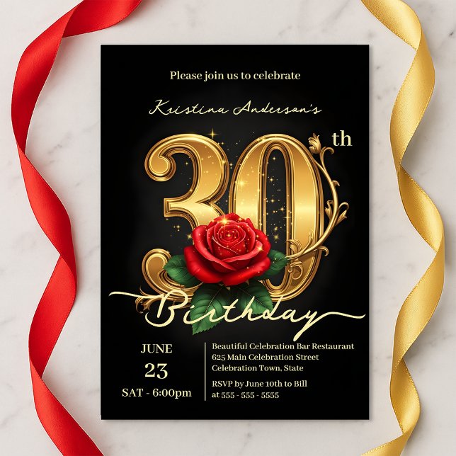 Elegant Chic Gilded 30. mit Rote Rose Bloom Einladung (Von Creator hochgeladen)