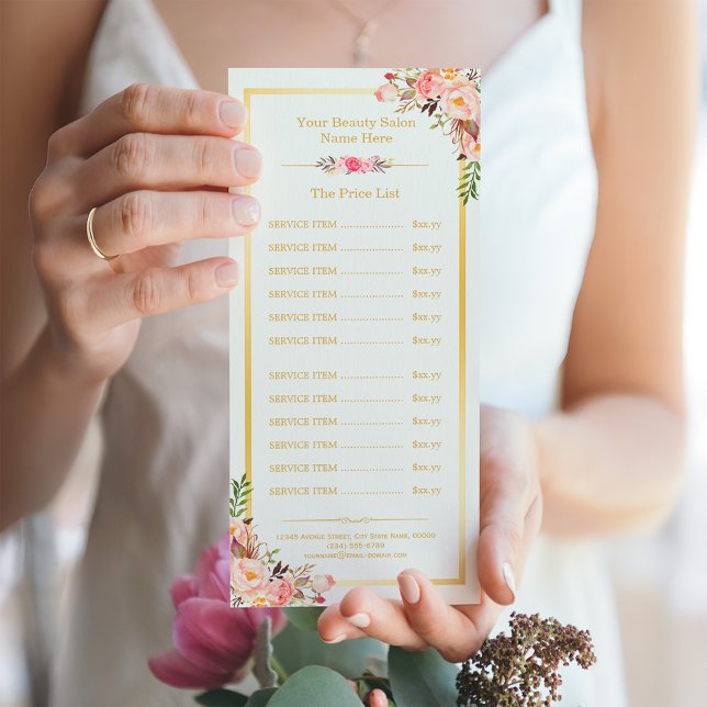 Elegant Chic Gold Frame Floral Tarifs Menu (Créateur téléchargé)
