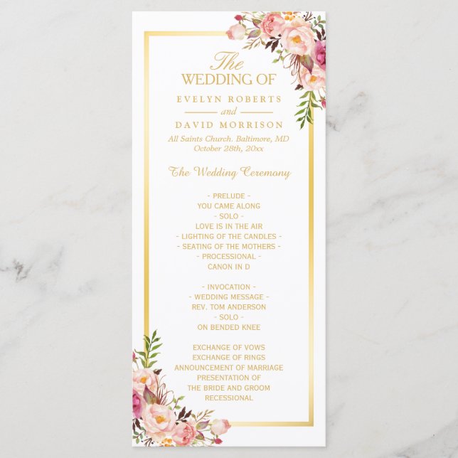 Elégant Chic Gold Frame Floral Wedding Programme (Devant)