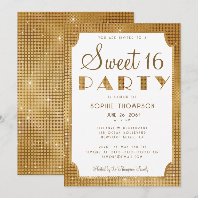 Elegant Chic Gold Glitzer Sequins Sweet 16 Party Einladung (Vorne/Hinten)