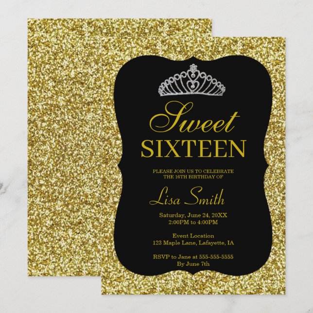 Elegant Chic Gold Glitzer Tiara Sweet 16 Einladung (Vorne/Hinten)