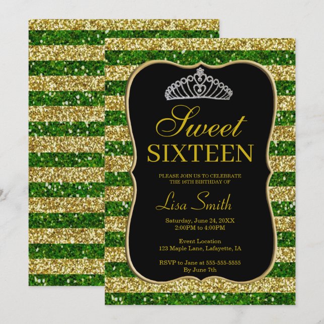 Elegant Chic Gold Green Glitzer Tiara Sweet 16 Einladung (Vorne/Hinten)