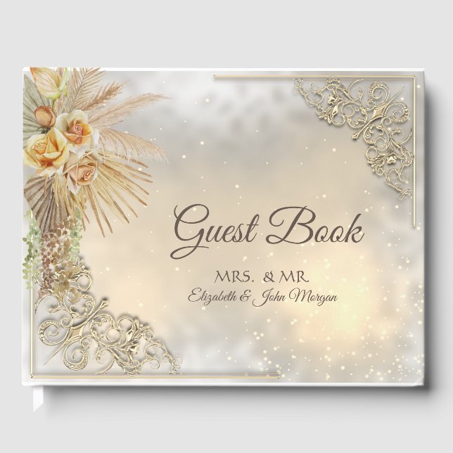 Elegant Chic Gold Hearts Boho Blume Hochzeit Gästebuch (Vorderseite)