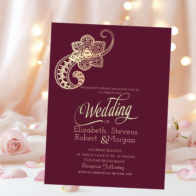 Elegant Chic Gold Paisley Burgundy Wedding Einladung (Von Creator hochgeladen)