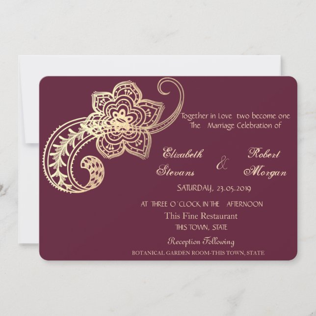Elegant Chic Gold Paisley Einladung Hochzeit (Vorderseite)