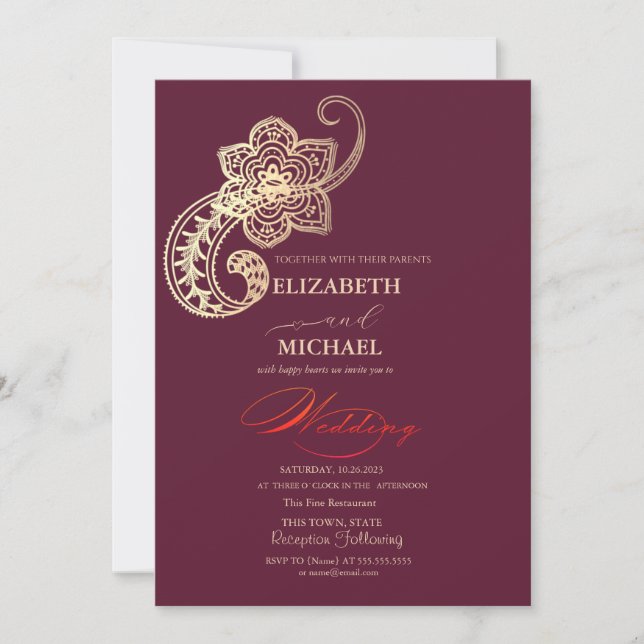 Elegant Chic Gold Paisley Script Wedding Einladung (Vorderseite)