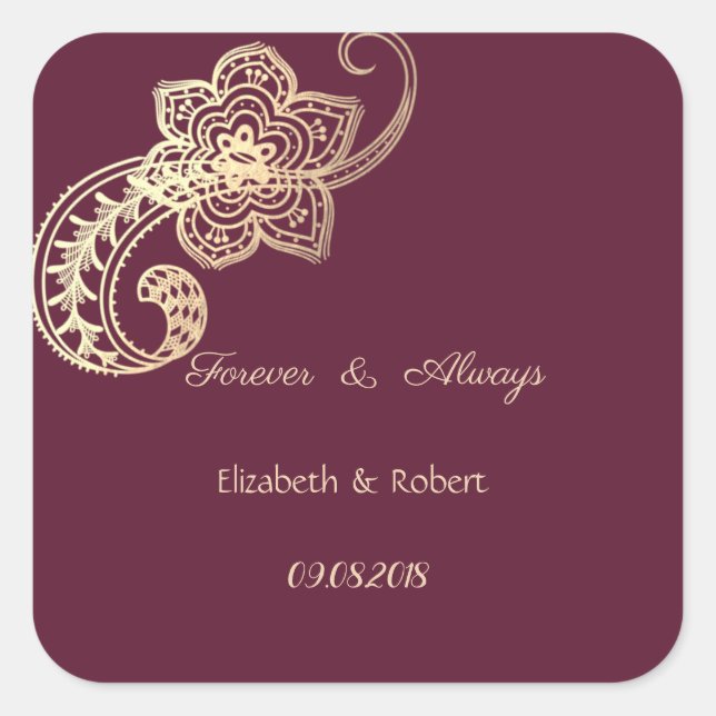 Elegant Chic Gold Paisley Wedding Quadratischer Aufkleber (Vorderseite)