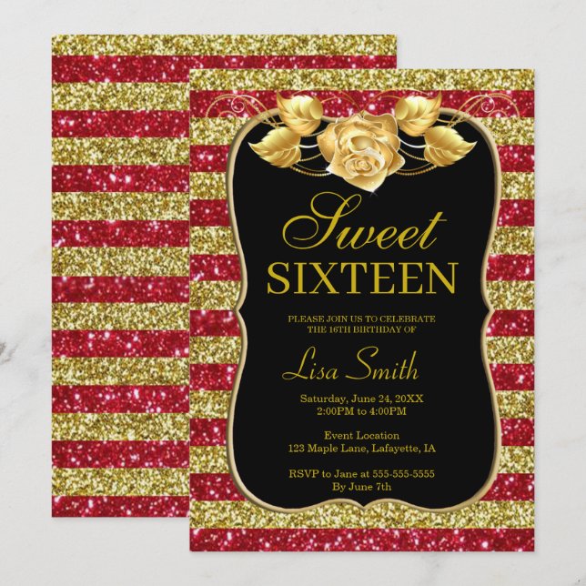 Elegant Chic Gold Red Glitzer Rose Sweet 16 Einladung (Vorne/Hinten)