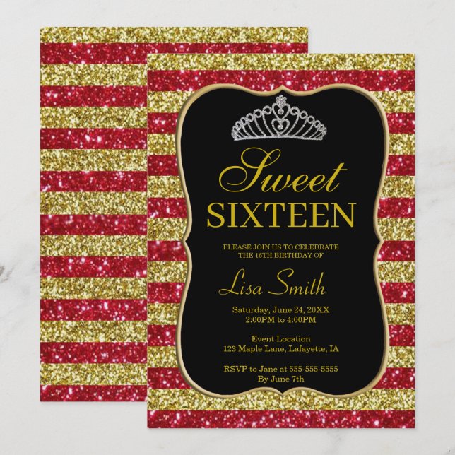 Elegant Chic Gold Red Glitzer Tiara Sweet 16 Einladung (Vorne/Hinten)
