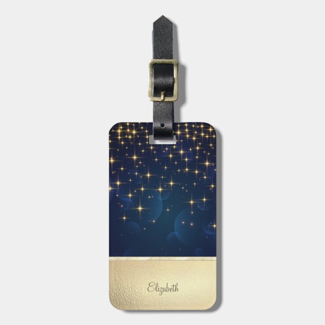 Elegant Chic Gold Stars Navy Blue Gepäckanhänger (Vorderseite vertikal)