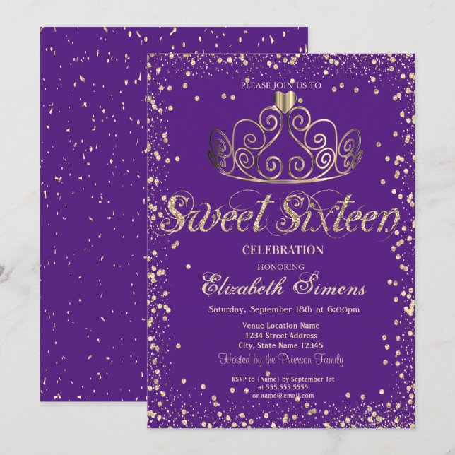 Elegant Chic Gold Tiara Diamonds Confetti Sweet 16 Einladung (Vorne/Hinten)