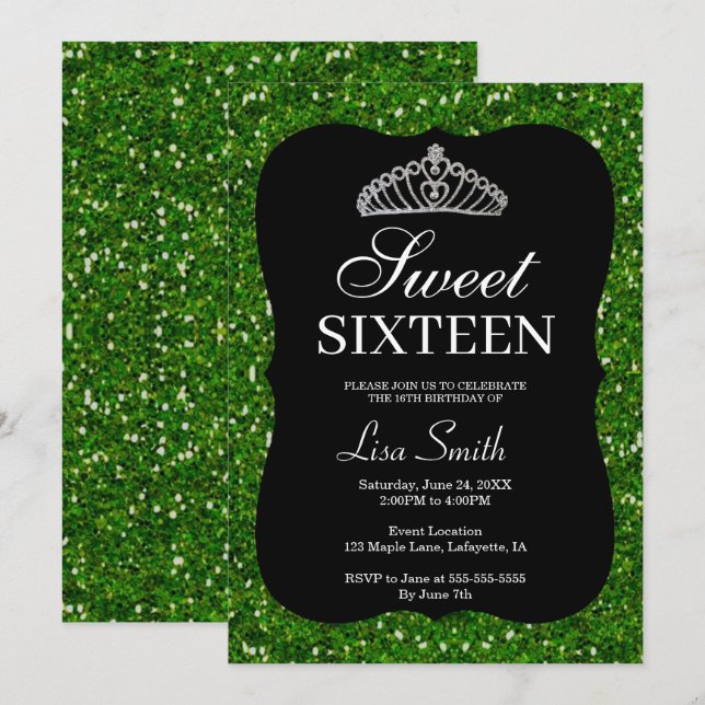Elegant Chic Green Glitzer Tiara Sweet 16 Einladung (Vorne/Hinten)
