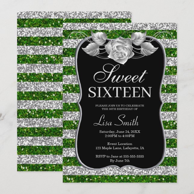 Elegant Chic Green Silver Glitzer Rose Sweet 16 Einladung (Vorne/Hinten)