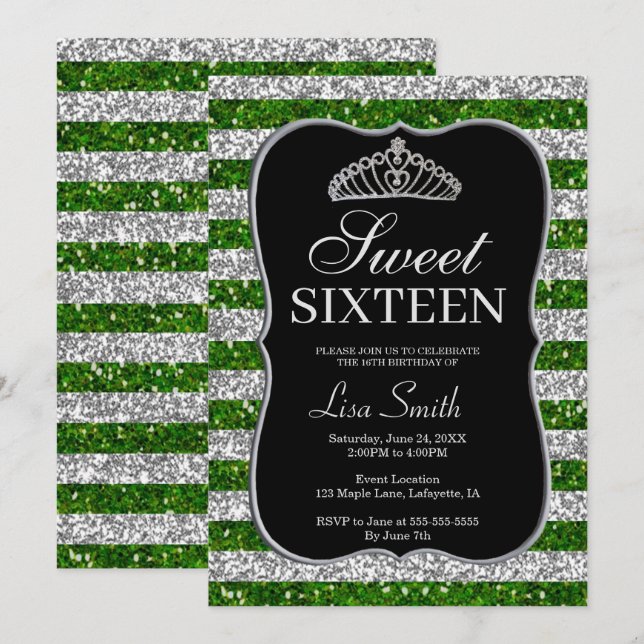 Elegant Chic Green Silver Glitzer Tiara Sweet 16 Einladung (Vorne/Hinten)