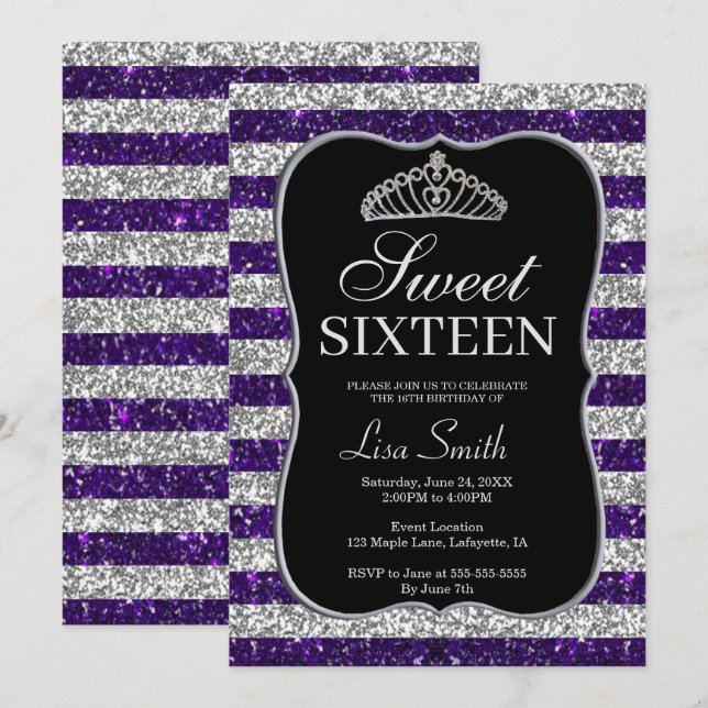 Elegant Chic Lila Silver Glitzer Tiara Sweet 16 Einladung (Vorne/Hinten)