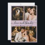 Elegant Chic Lilac 3 Foto Collage Wedding Dankeskarte<br><div class="desc">Modernes, elegantes "Liebe und Dank" Script Lilac Wedding 3 Foto Collage Danke Karte. Stilvolle, schicke Hochzeitsvorlage mit drei (3) Foto auf der Vorderseite und einem (1) Foto auf der Rückseite. Mit dem Text "Liebe und Dank" Skript in einer Wirblen kursiven Hand Schrift Schriftzug Swash-Schwanz-Schriftart in rosa Farbe auf hellpastellfarben lila...</div>