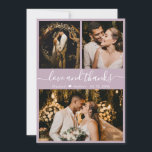 Elegant Chic Lilac 3 Foto Collage Wedding Vielen D Dankeskarte<br><div class="desc">Modernes, elegantes "Liebe und Dank" Script Lilac Wedding 3 Foto Collage Danke Karte. Stilvolle, schicke Hochzeitsvorlage mit drei (3) Foto auf der Vorderseite und einem (1) Foto auf der Rückseite. Mit dem Text "Liebe und Dank"-Skript in einer Wirblen kursiven Hand Schrift Schriftzug Swash-Schwanz-Schriftart in Weiß auf hellen pastellfarbenen Lila oder...</div>