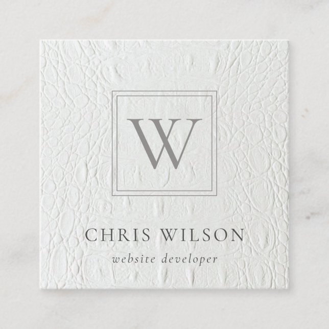 Elegant Chic Monogram Ivory White Leather Texture Quadratische Visitenkarte (Vorderseite)