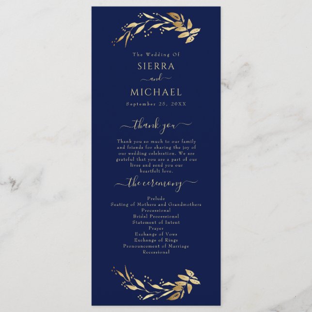 Elegant Chic Navy Blue Gold Foliage Hochzeit Programm (Vorderseite)
