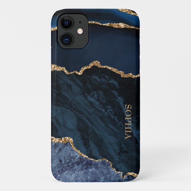 Elegant Chic Navy Blue Gold Marmor Agate Custom Case-Mate iPhone Hülle (Rückseite)