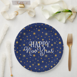 Elegant Chic Navy Blue & Gold Stars Frohes Neues J Pappteller