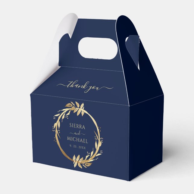Elegant Chic Navy Blue Golden Foliage Hochzeit Geschenkschachtel (Vorderseite)