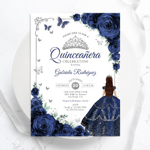 Elegant Chic Navy Blue Silver Floral Quinceanera Einladung