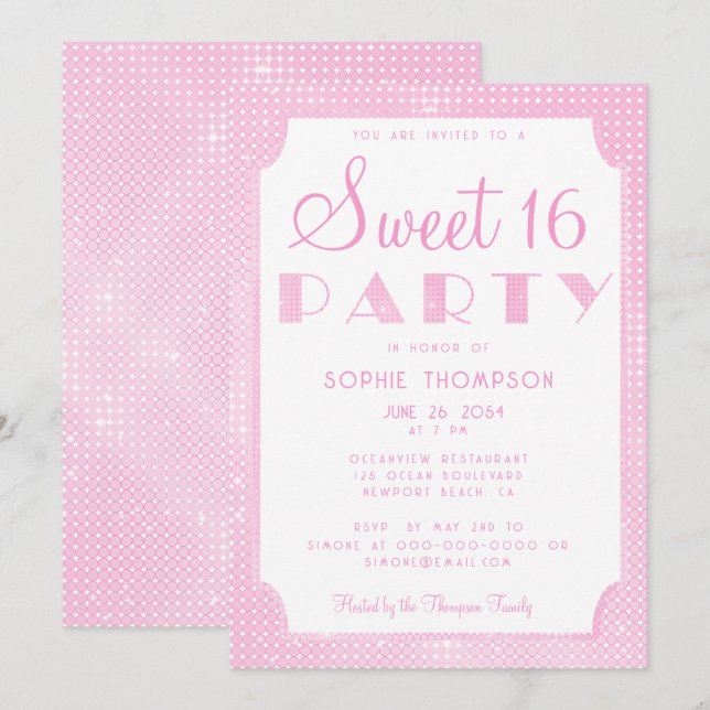 Elegant Chic Pink Glitzer Sequins Sweet 16 Party Einladung (Vorne/Hinten)