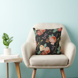 Elegant Chic Pink Roses Floral on Black Kissen