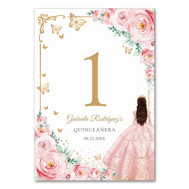 Elegant Chic Pink Roses Gold Quinceanera Tischnummer (Vorderseite)