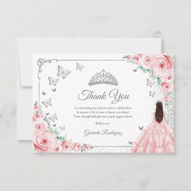 Elegant Chic Pink Roses Silver Quinceanera Dankeskarte (Vorderseite)