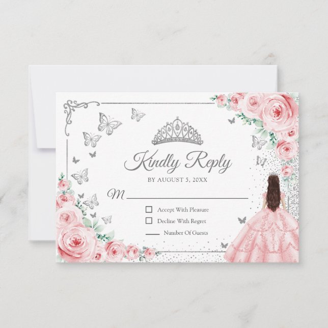 Elegant Chic Pink Silver Quinceanera Reply RSVP Karte (Vorderseite)
