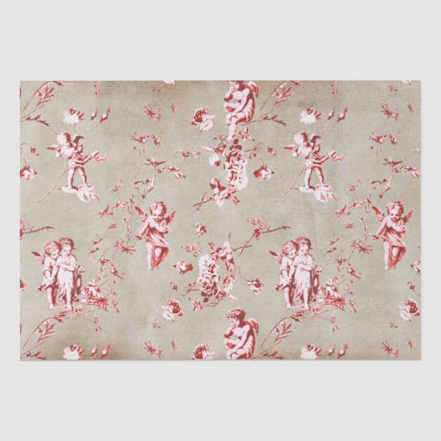 Elegant Chic Red Cupid Angels Floral Toile Kraft Seidenpapier (Vorderseite)
