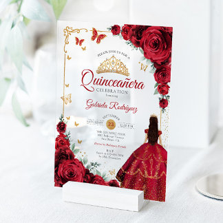 Elegant Chic Red Roses Gold Quinceanera  Acryleinladungen