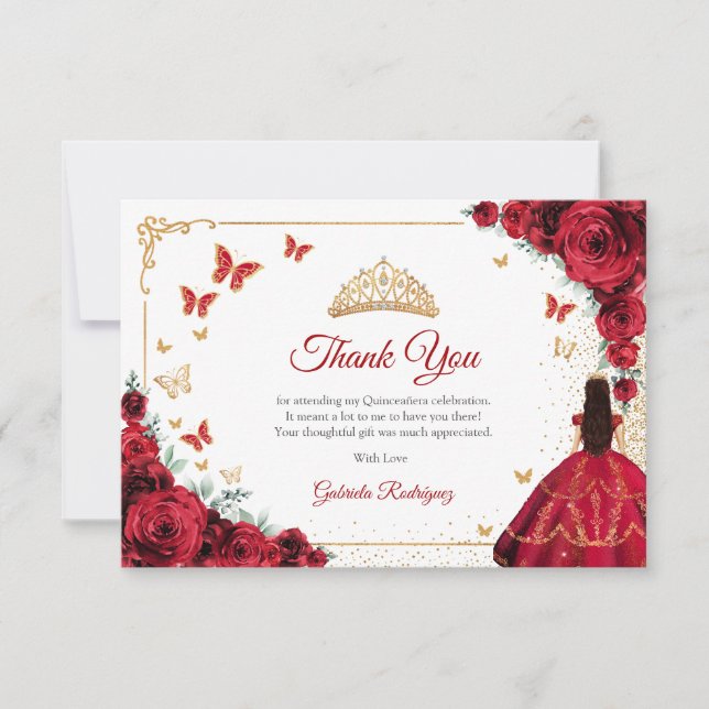 Elegant Chic Red Roses Gold Quinceanera Dankeskarte (Vorderseite)