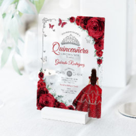 Elegant Chic Red Roses Silver Quinceanera Acryleinladungen