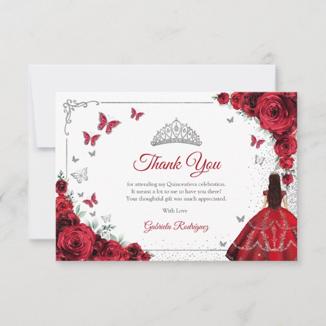Elegant Chic Red Roses Silver Quinceanera Dankeskarte (Vorderseite)