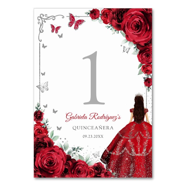 Elegant Chic Red Roses Silver Quinceanera Tischnummer (Vorderseite)