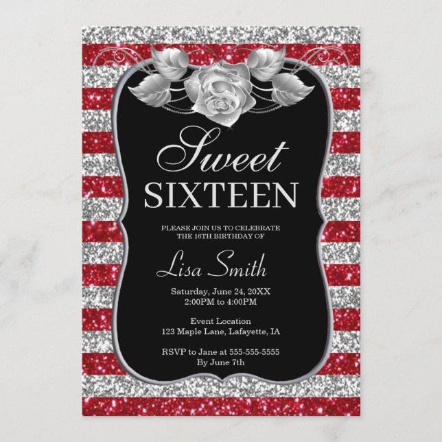 Elegant Chic Red Silver Glitzer Rose Sweet 16 Einladung (Vorderseite)